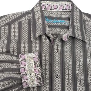 Robert Graham Button Down Shirt Mens 2XL Gray Striped Flip Cuff Jacquard